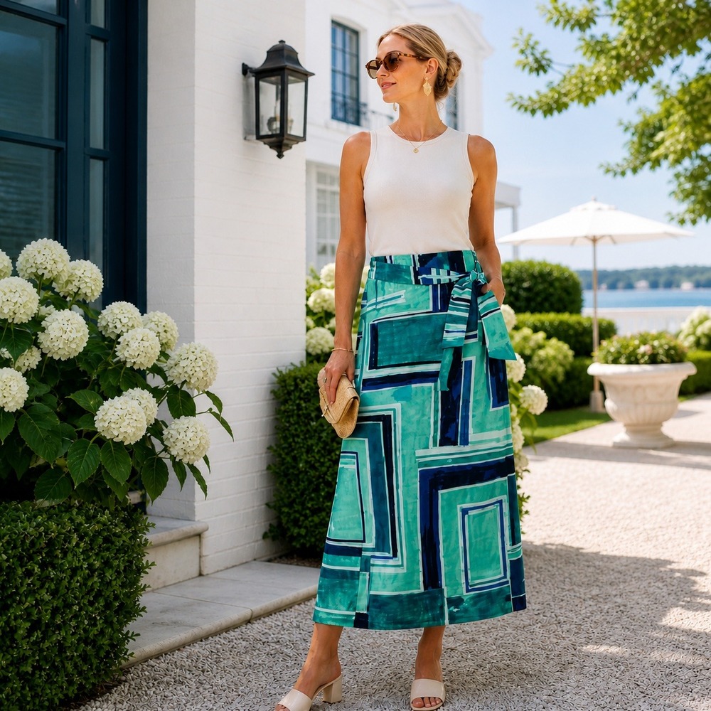 Turquoise Geometric Maxi Wrap Skirt Womens Size 14/16 Blue Resort‎ Summer Chic